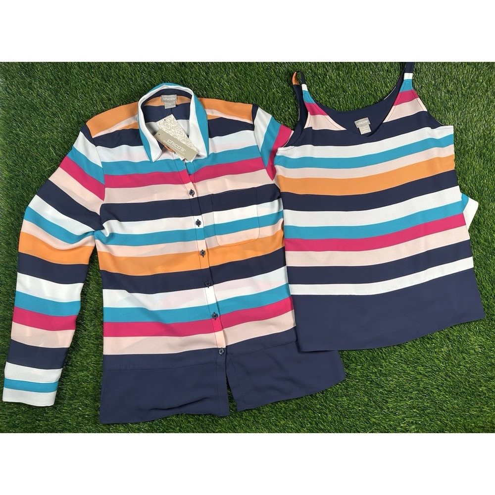 NEW Chico's Convertible 2 Piece Twin Set Bold Multi Color‎ Stripes Size Small - Picture 2 of 9